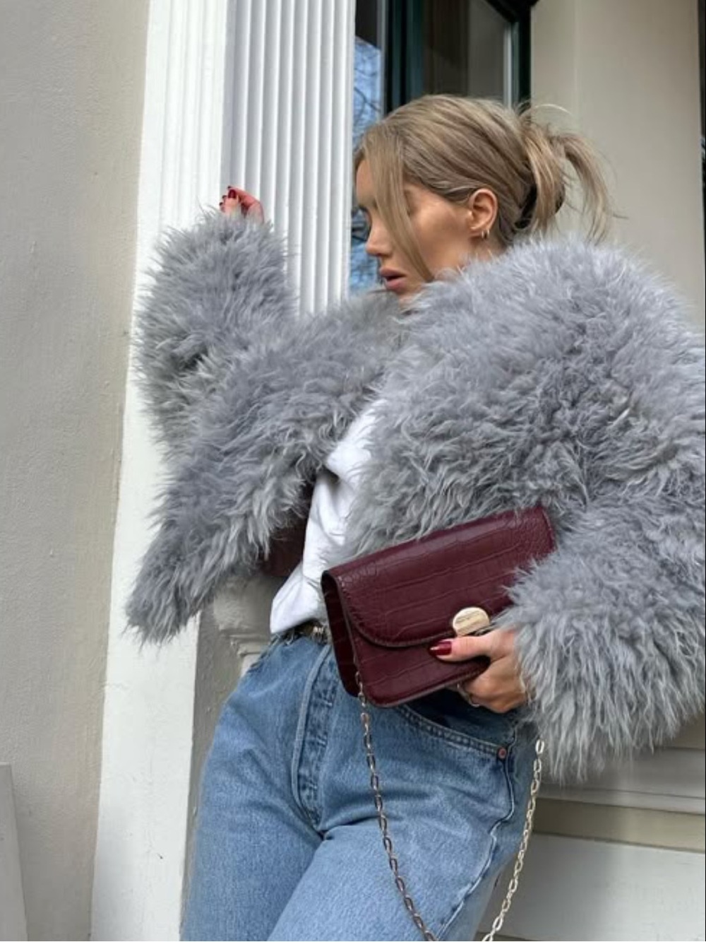 Gray Faux Fur Crop Jacket - Women's Luxurious Winter Coat